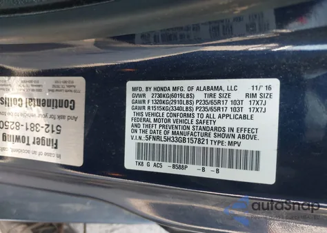 2016 Honda Odyssey Se z USA, uszkodzony, nr VIN 5FNRL5H33GB157821